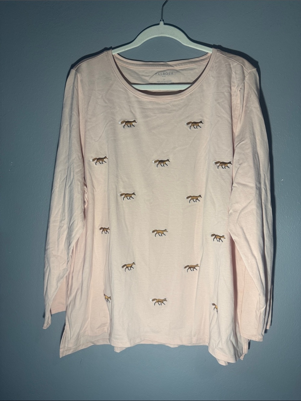 Talbots Light Pink Long Sleeve Tee with Fox Embroidery